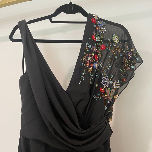 Mac Duggal Faux Wrap Multi Colored Beaded Floral Gown - Picture 5 of 14